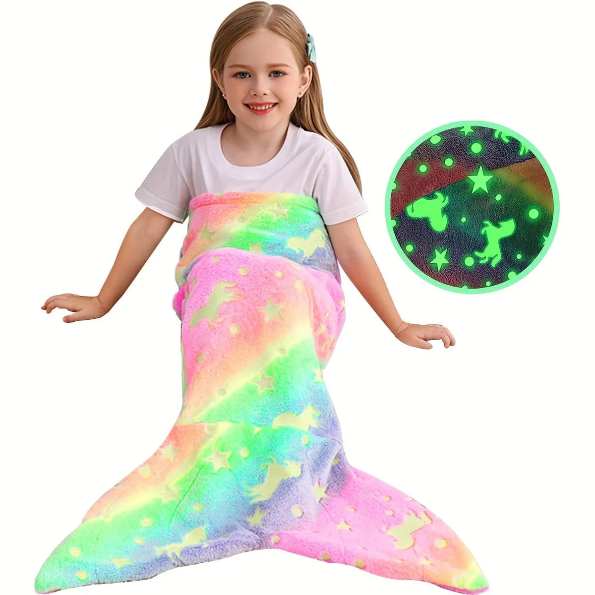 Cartoon Rainbow Unicorn Mermaid Tail Blanket Super Soft Glow in The