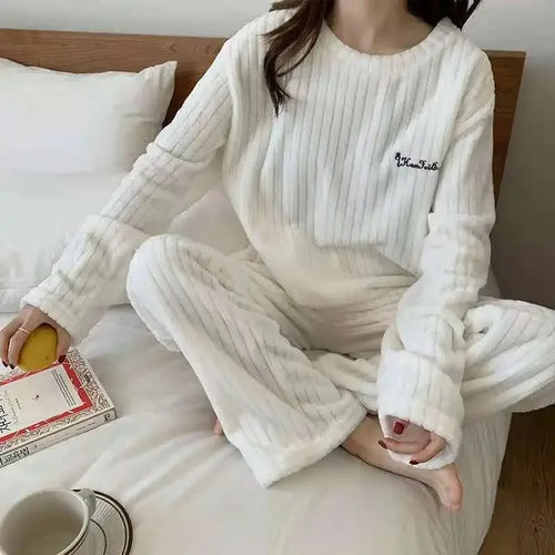 Soft Coral Velvet Jacquard Warm Pajama Set for Women Cozy Loungewear