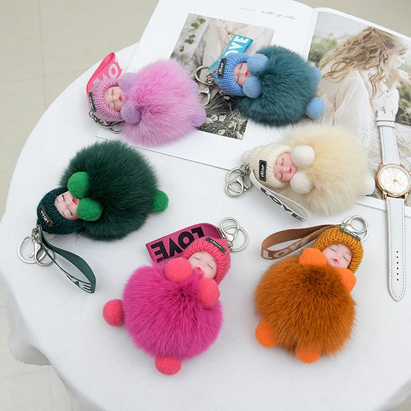 Pompom Sleeping Baby Keychain Cute Fluffy Plush Doll Keyholder Women