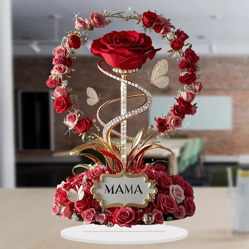 2D Acrylic Ornament Red Rose MOM Pattern Roses Mother Flat Elegant