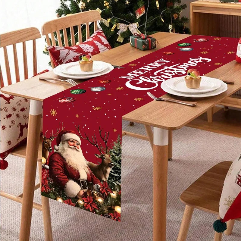Vintage Christmas Table Runner Retro Santa Claus Table Cover Christmas