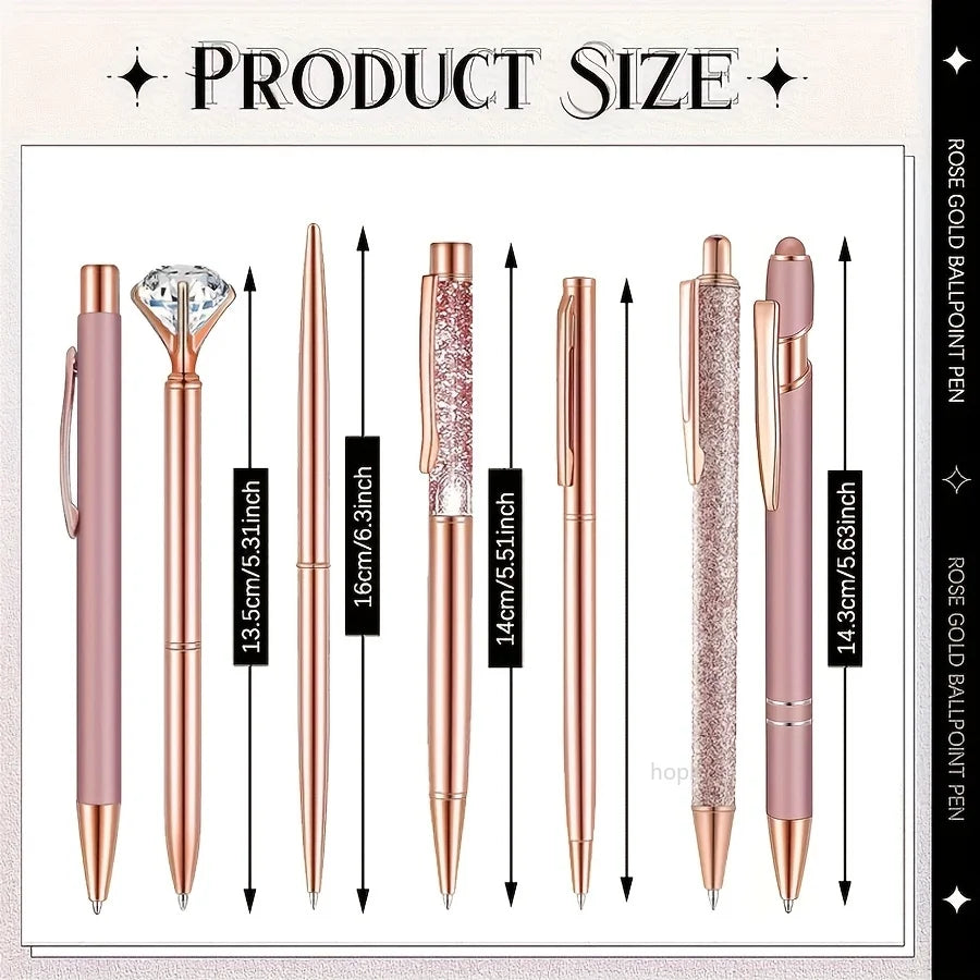 8pcs Rose Golden Ballpoint Pen Set - Stylish Metal Pens with Crystal
