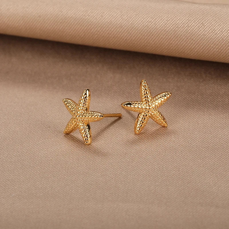 Vintage Summer Starfish Stainless Steel Stud Earrings For Women Simple