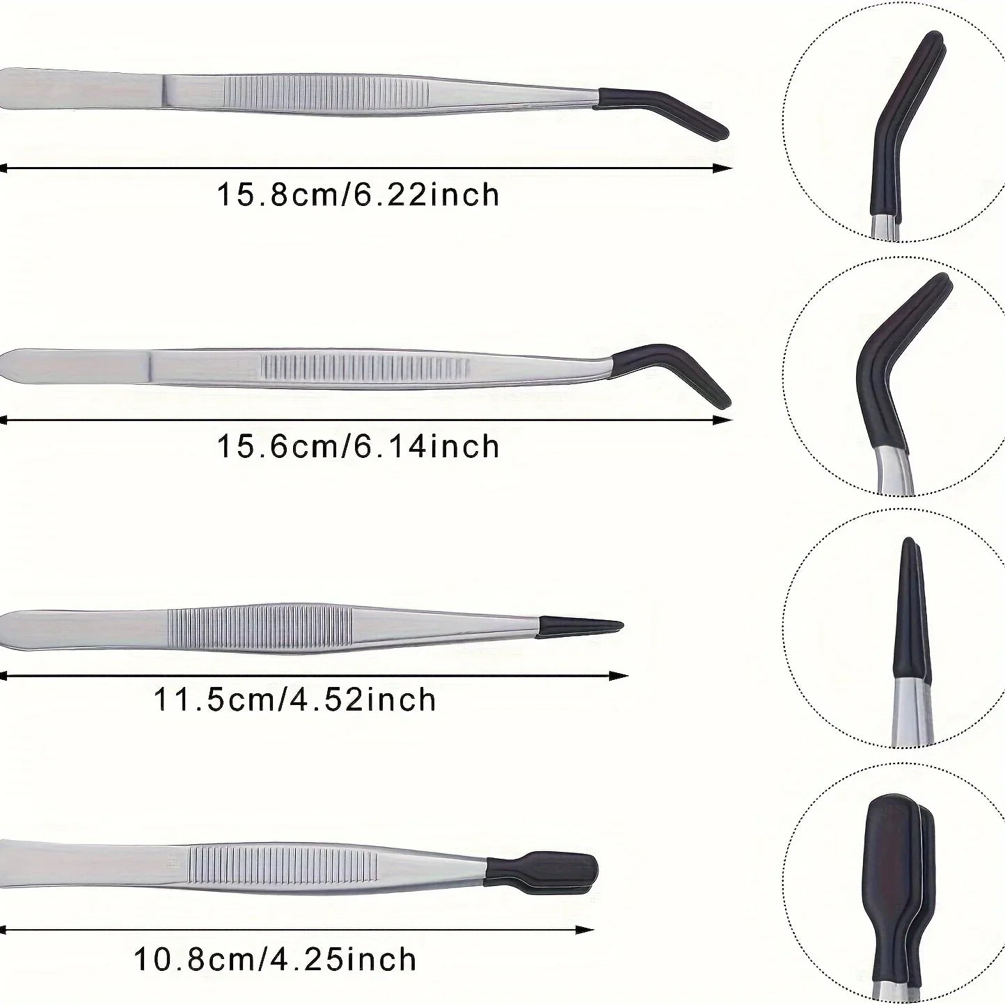 4pcs Set of Stamp Tweezers with Rubber Tips Stainless Steel Clip