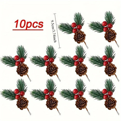 10pcs Set of Artificial Pine Cones and Red Berries - Perfect for