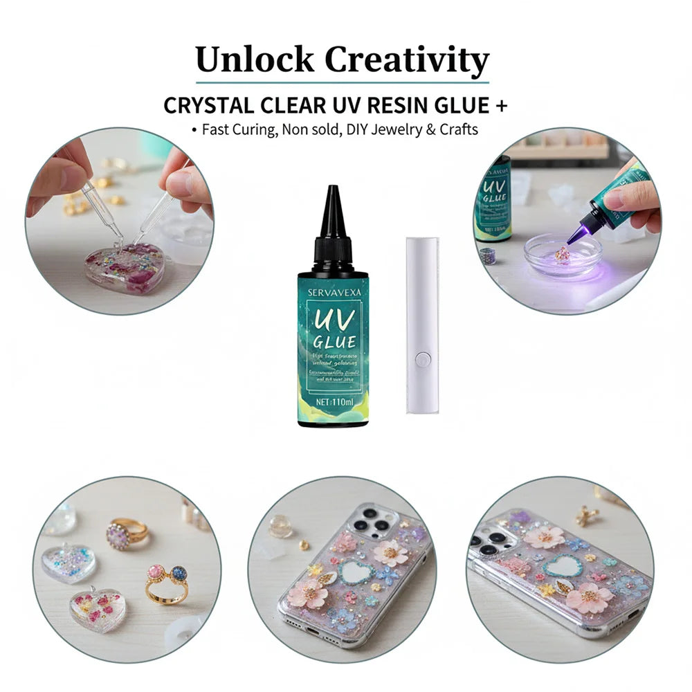 SERVAVEXA UV Resin with Light 110ml, Clear Hard Type UV Glue Bubble