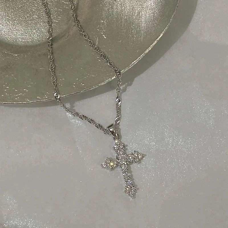 Shiny Crystal Zircon Cross Pendant Necklace for Women Girls Punk