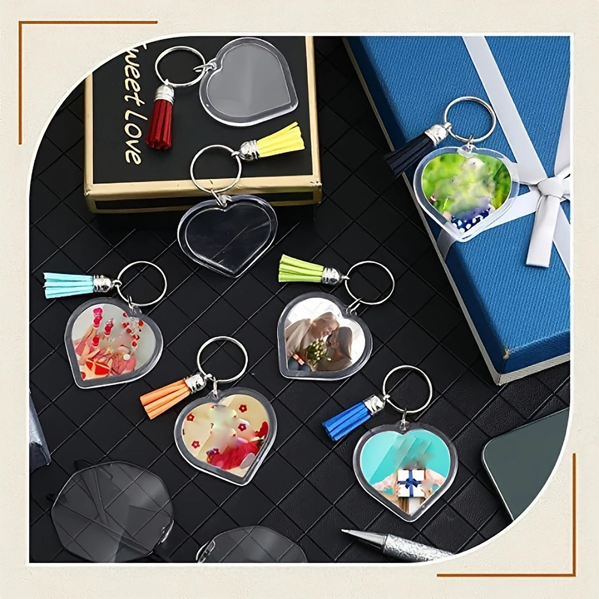 10pcs Transparent Photo Frame Keychain Tassels Snap-In Custom Insert