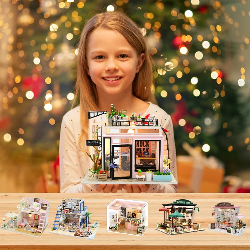 Doll House Kit Wooden Puzzle Assembly Building Model Toys Hourly Light