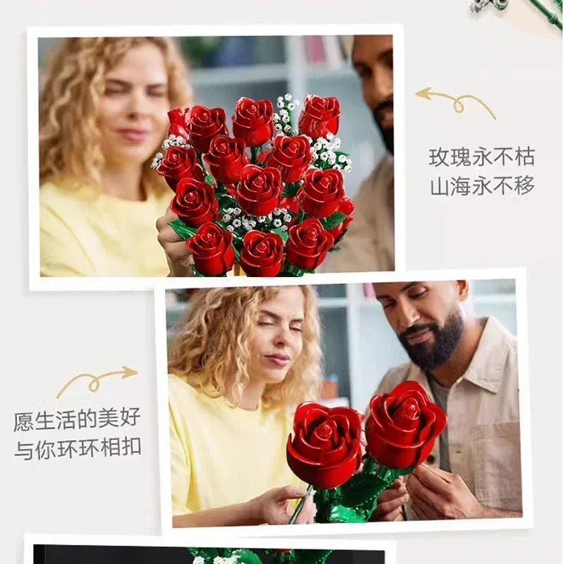 Romantic Rose Flower Bouquet Building Blocks Creative Home Desk Plant