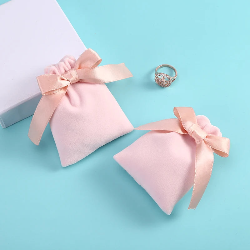 10pcs/lot 7x9cm Pink Velvet Ribbon Bag Drawstring Earrings Rings