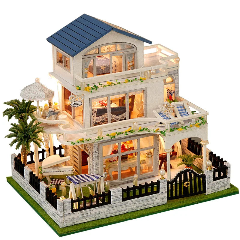 Diy Mini Wooden Dollhouse  Furniture Light Kit Doll House Casa