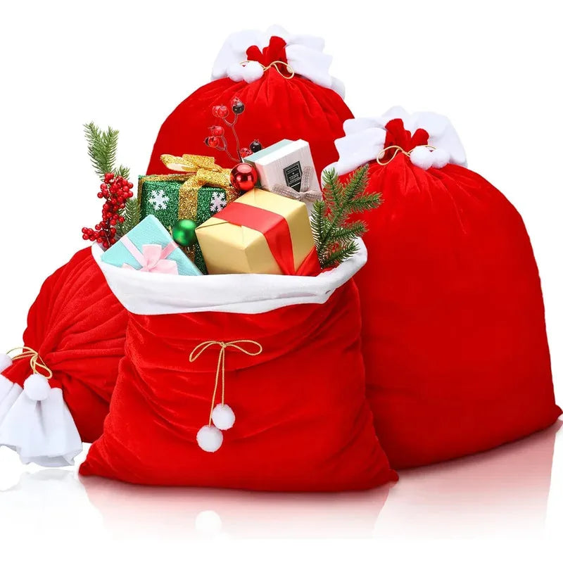 Large Red Velvet Christmas Bag with White Pompom , Fluffy Gift Storage