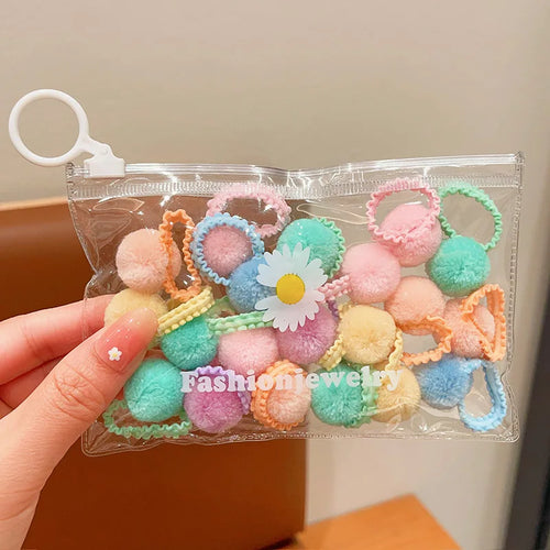 20Pcs Girls Colorful Plush Ball Elastic Hair Bands Kids Ponytail Ties