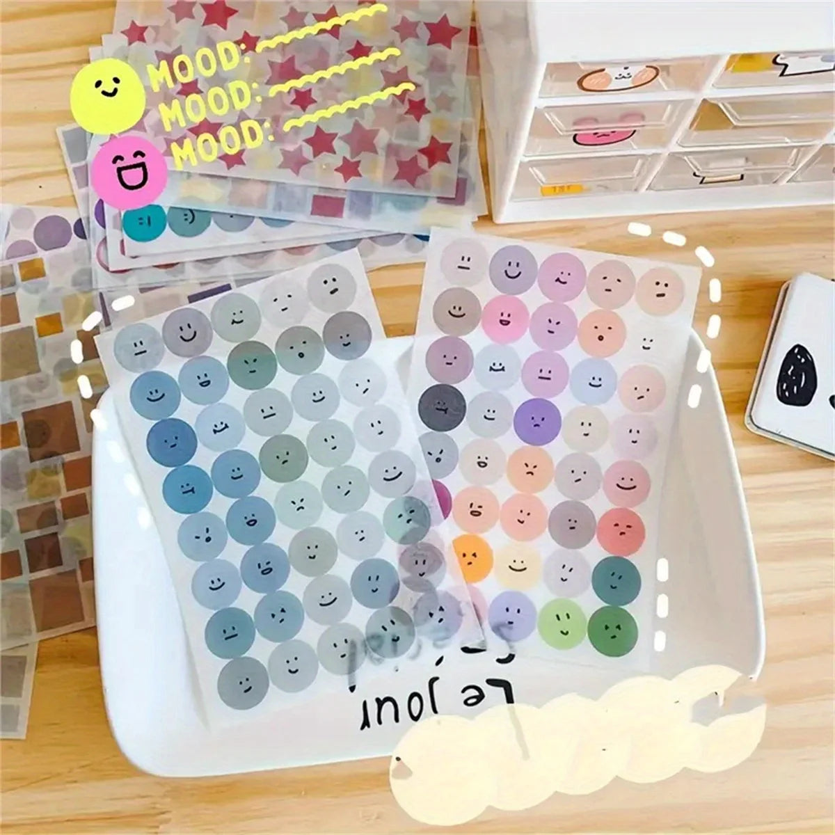 6 Sheets, Cute Expression Cartoon Doodle Cup Round Sticker, Multicolor
