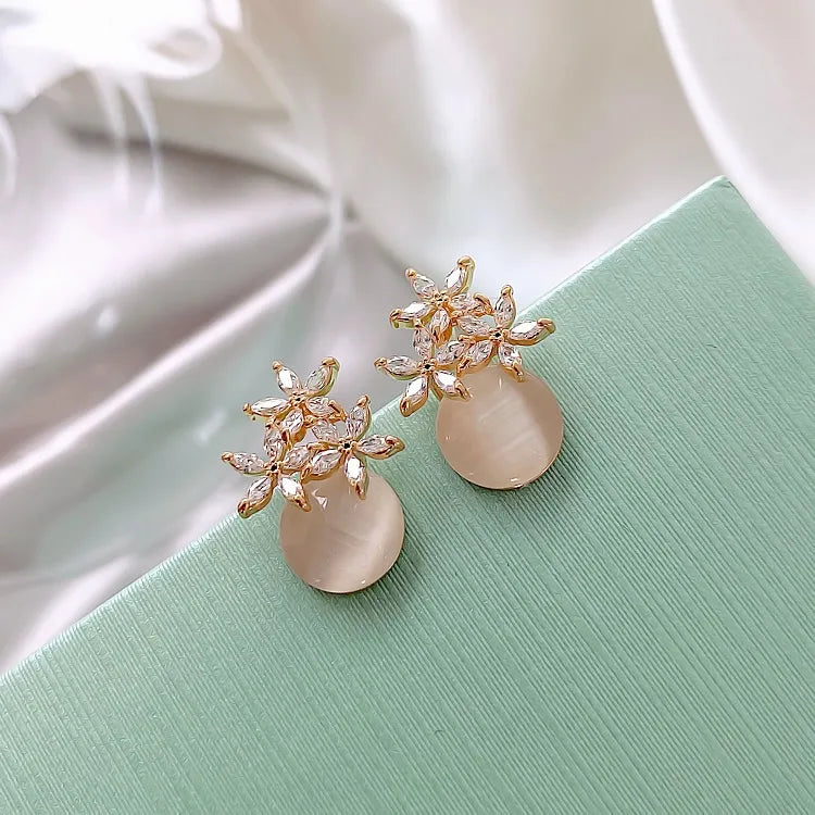 Flower Rhinestones Opal Stud Earrings for Women Small Exquisite Sweet