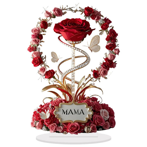 2D Acrylic Ornament Red Rose MOM Pattern Roses Mother Flat Elegant