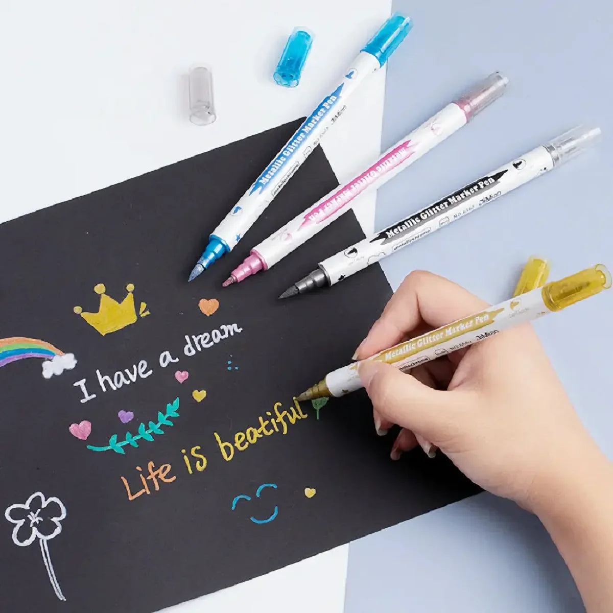 10pcs Metallic Glitter Dual Tip Marker Pens, with Brush And Fine nibs,