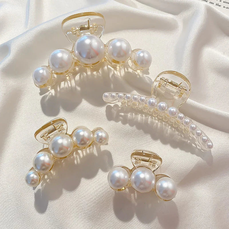 Vintage Pearl Clips Set Large Claw Korean Ponytail Big Barrettes Jaw