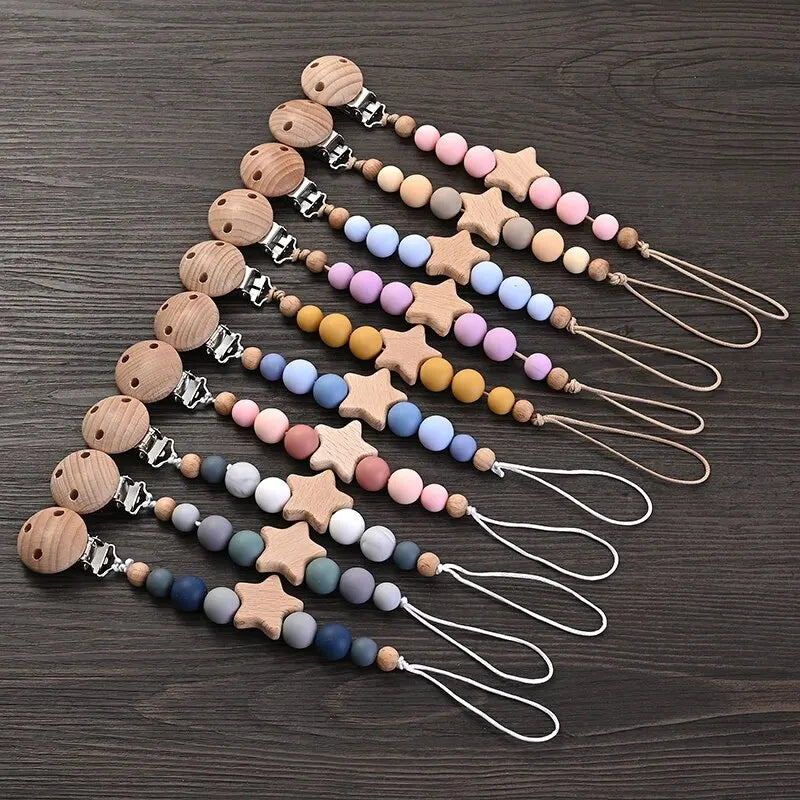 New Baby Pacifier Chain Clips Wood Pentagram Teether Silicone Round