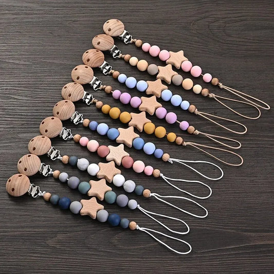 New Baby Pacifier Chain Clips Wood Pentagram Teether Silicone Round