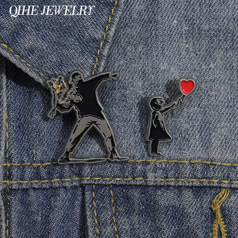 Classic Banksy Art Design Collection Brooch Enamel Pin Flower Thrower