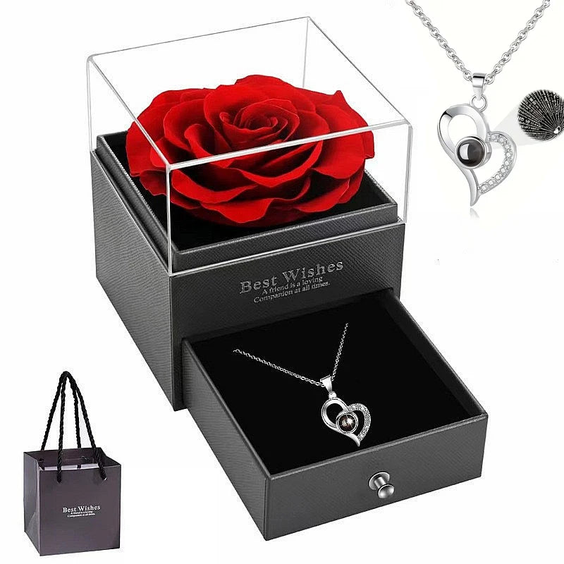 Heart-Shaped Red Rose Necklace with Gift Box - Valentine's Day,