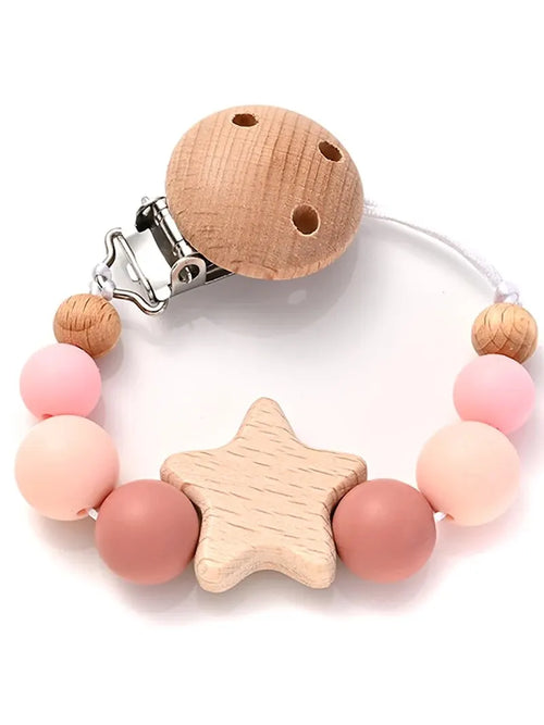 New Baby Pacifier Chain Clips Wood Pentagram Teether Silicone Round