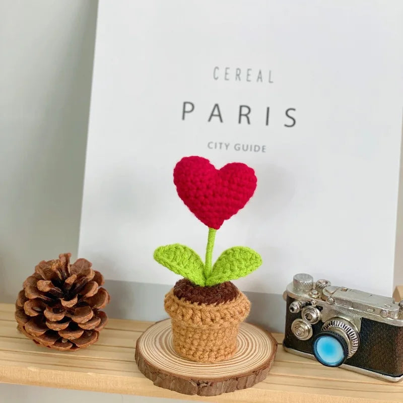 1/2/3/5Pcs Handmade Knitted Flower Pot Red Heart Shaped Knit Imitation