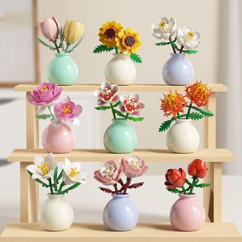 Building block pot plant bouquet of flowers, roses, lily building