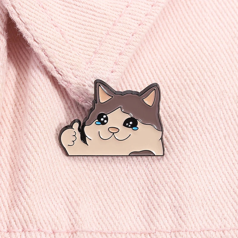 Thumb Up Crying Cat Enamel Pin Kawaii Humorous Animal Brooch Lapel