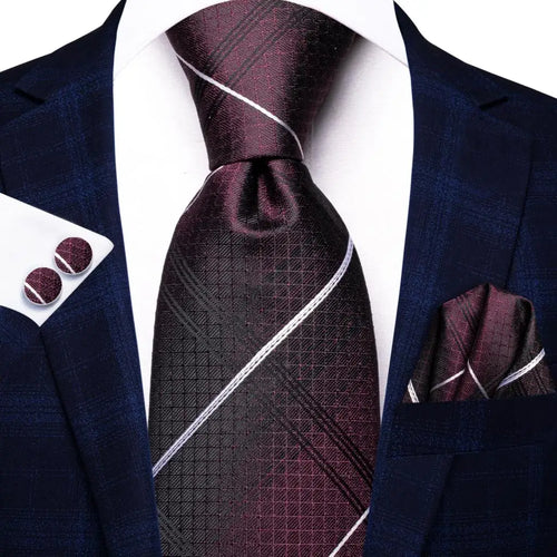 Black Red Striped Silk Wedding Tie For Men Handky Cufflink Gift Men
