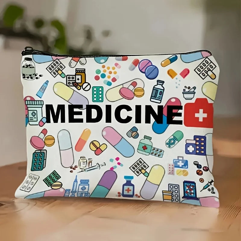 Medicine-Themed Cosmetic Travel Bag - Foldable Zippered Makeup