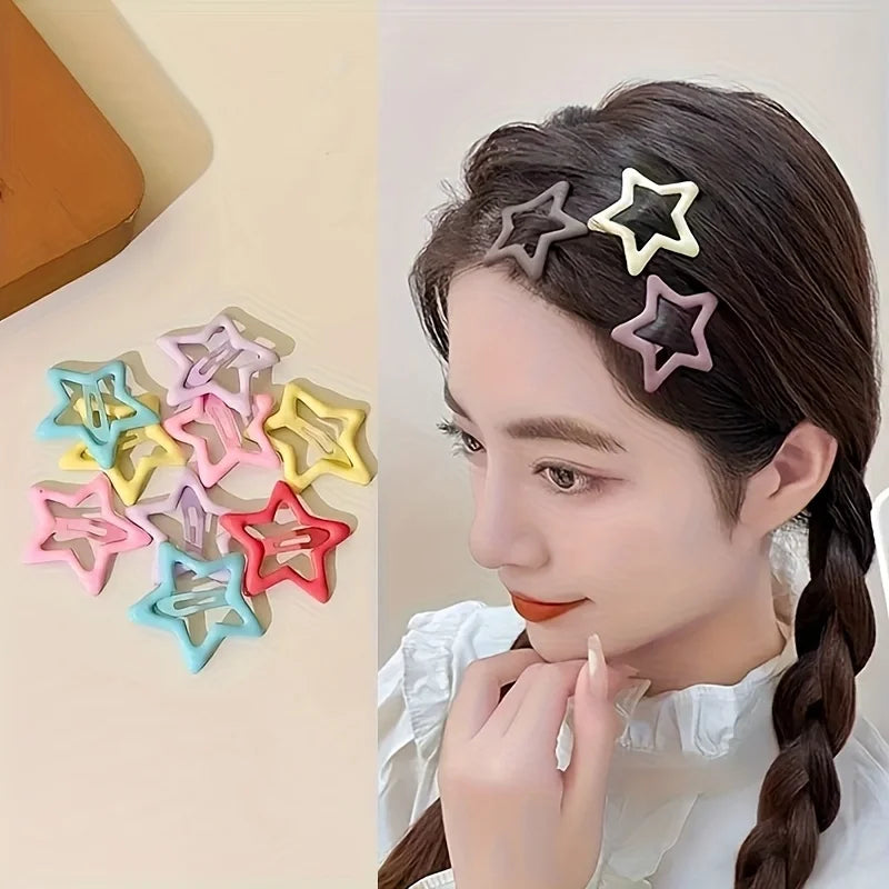 10pcs/30pcs Cute Hollow Star Hair Clips Vibrant Colorful Snap Design
