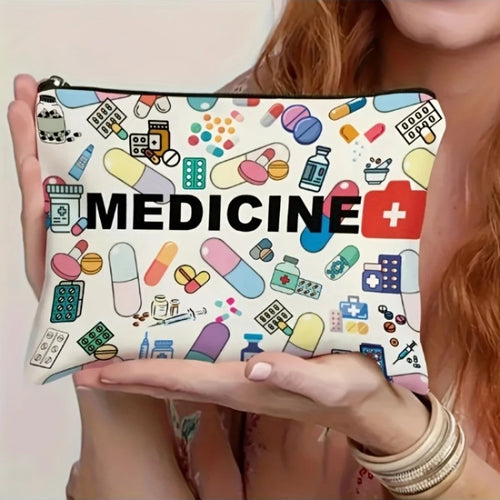 Medicine-Themed Cosmetic Travel Bag - Foldable Zippered Makeup