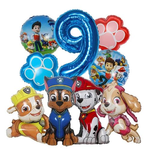 9pcs Cartoon Paw Patrol Theme Foil Balloon Number Balloon Childrens
