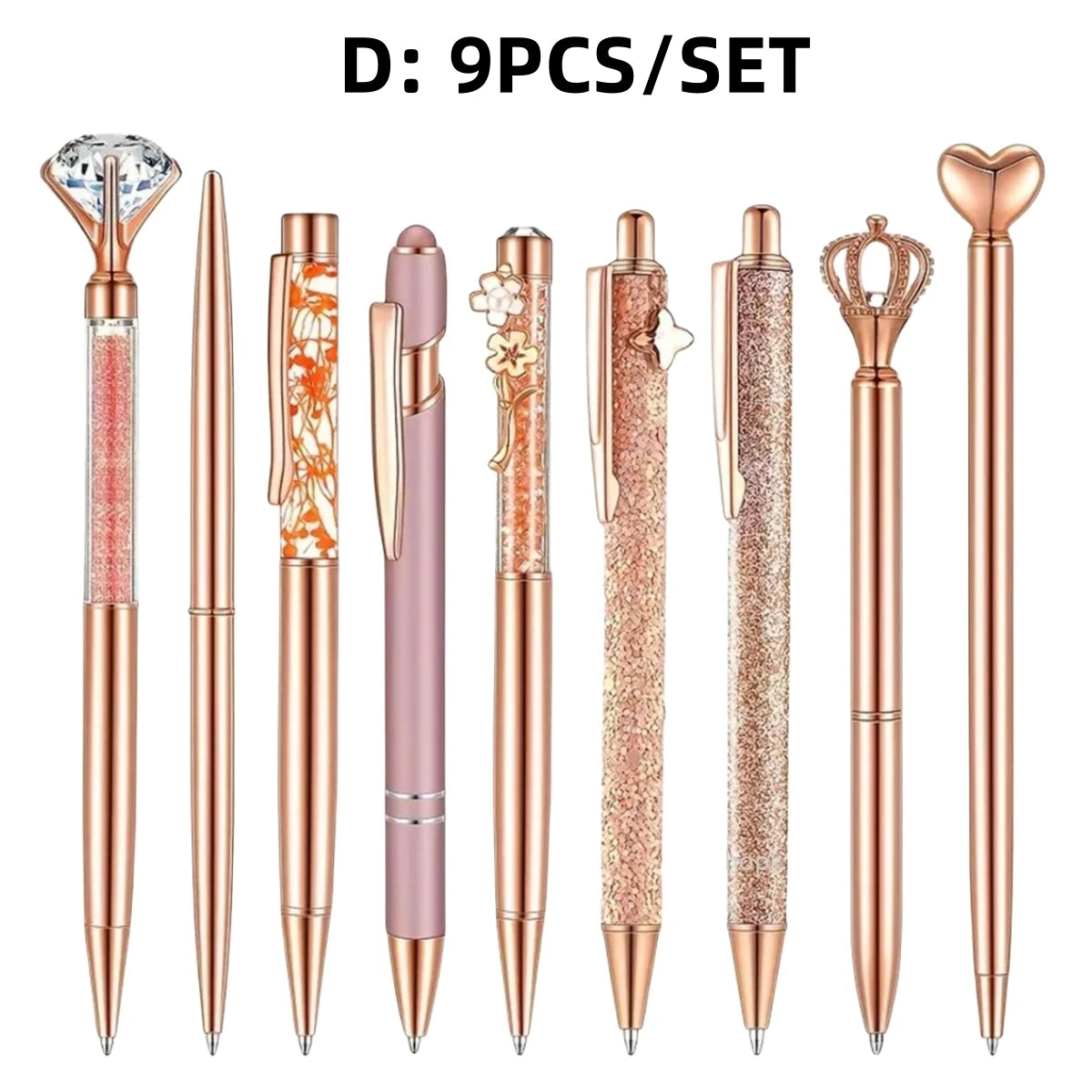 8pcs Rose Golden Ballpoint Pen Set - Stylish Metal Pens with Crystal