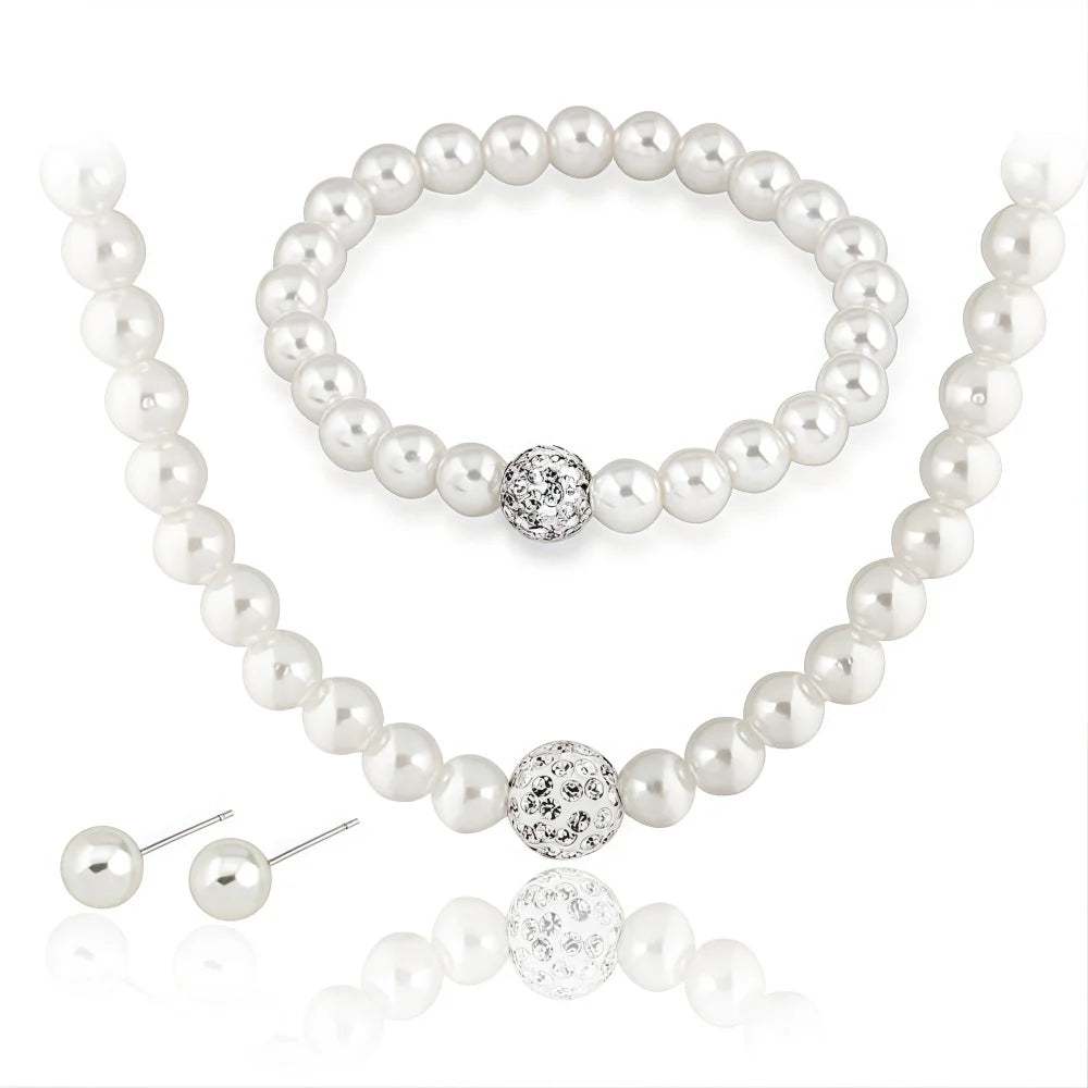 3 PCS Imitation Pearl Fireball Necklace Bracelet Earring Stud Jewelry