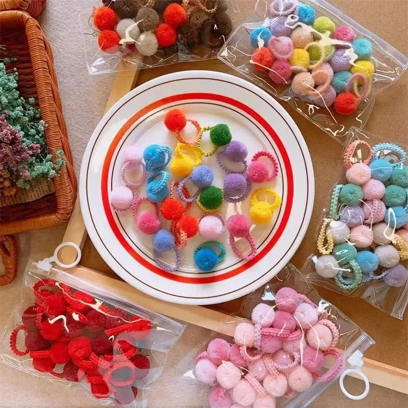 20Pcs Girls Colorful Plush Ball Elastic Hair Bands Kids Ponytail Ties