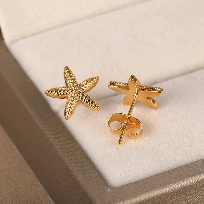 Vintage Summer Starfish Stainless Steel Stud Earrings For Women Simple