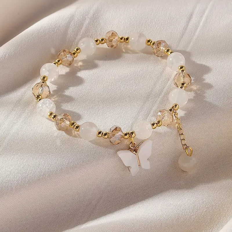 Purple Butterfly Charm Beaded Stretch Bracelet For Women Multi Color