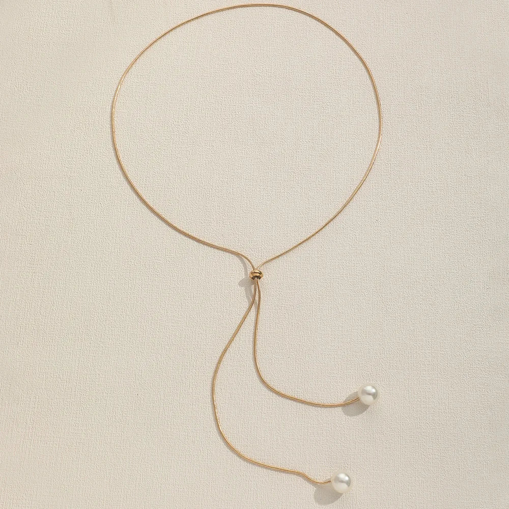 Simple Faux Pearl Pendant Adjustable Long Sweater Chain Necklace