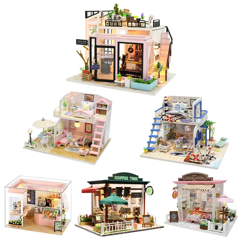 Doll House Kit Wooden Puzzle Assembly Building Model Toys Hourly Light