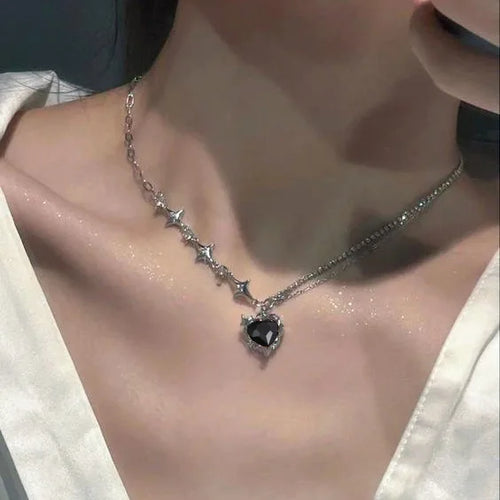 Y2K Purple Crystal Heart Pendant Necklace Women Sweet Cool Girl Punk