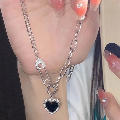 Y2K Purple Crystal Heart Pendant Necklace Women Sweet Cool Girl Punk