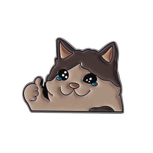 Thumb Up Crying Cat Enamel Pin Kawaii Humorous Animal Brooch Lapel