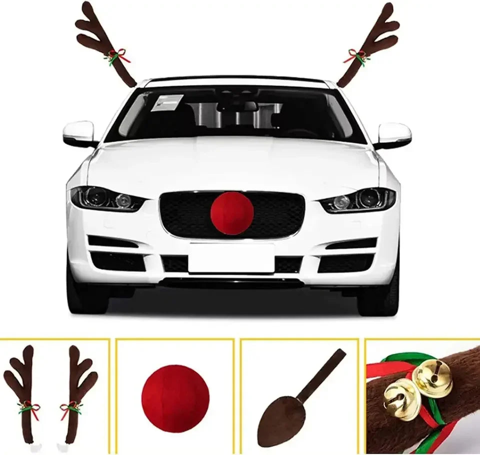 Christmas Car Decoration Deer Horn Antlers Car Kit with Red Nose and