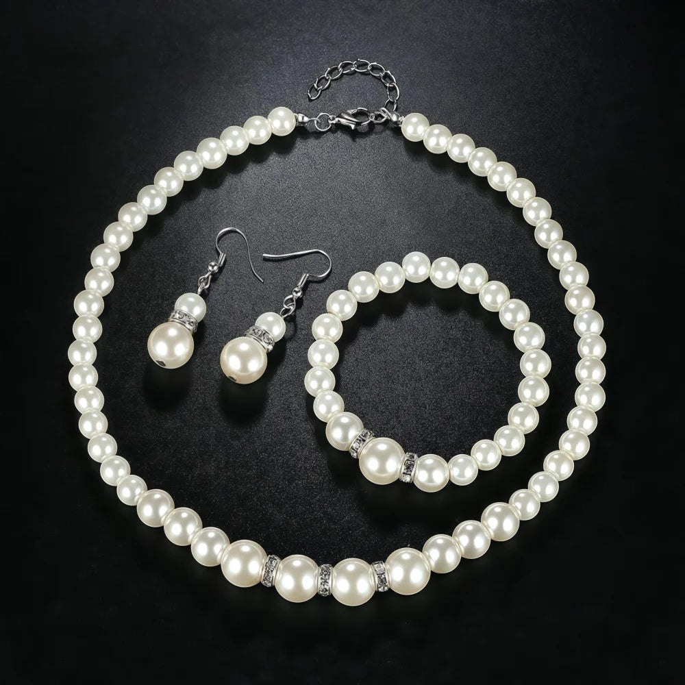3 PCS Imitation Pearl Fireball Necklace Bracelet Earring Stud Jewelry