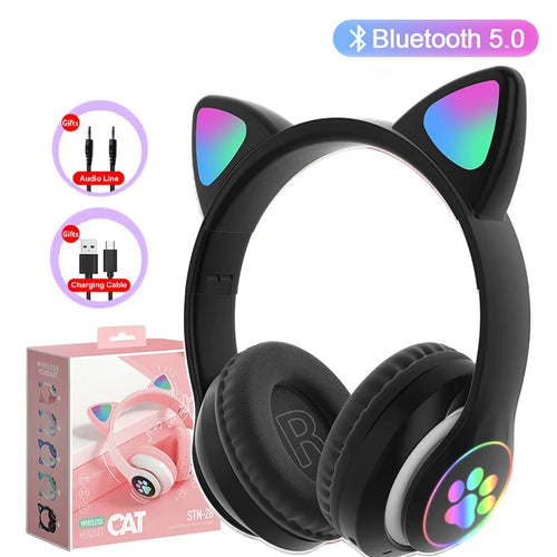 Flash Lamp Cute Cat Ears Headphone Bluetooth5.0 Stereo With Mic