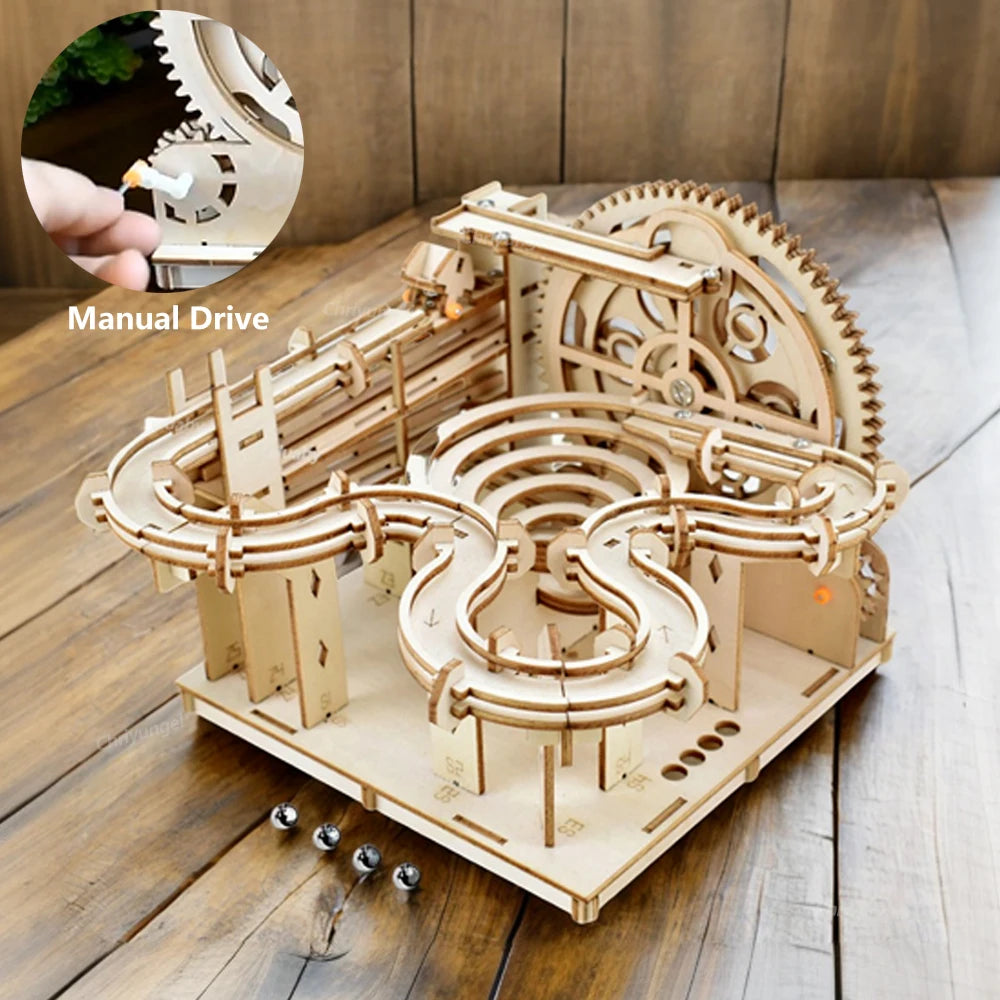 3D Wooden Puzzle DIY Building Kits Mechanical Model Marble Run Set